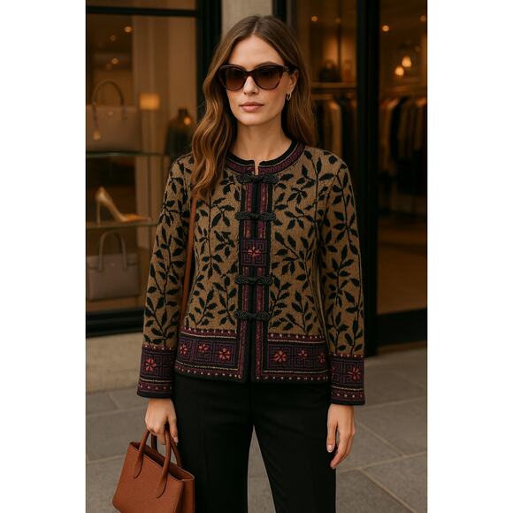 Vintage J. McLaughlin Wool Tapestry Cardigan Jacket Boho Fall Sweater Coat - Picture 1 of 10